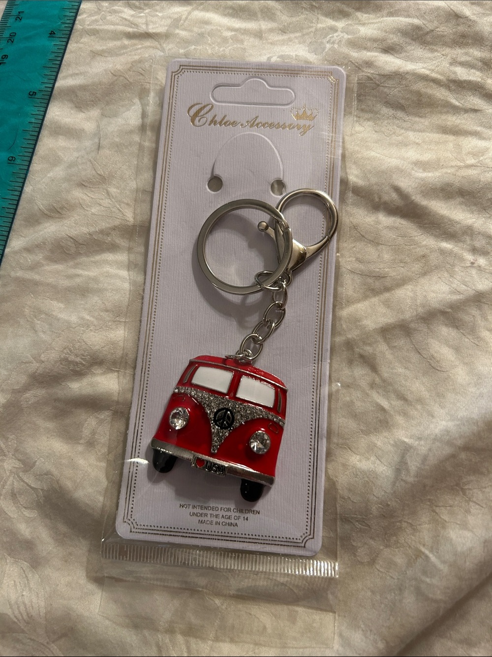 Red VW Bus Keychain with Rhinestone Accents